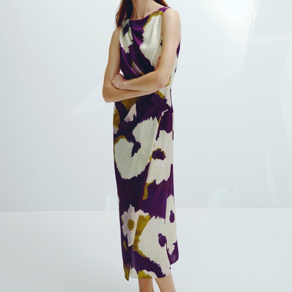 NWT ZARA PRINTED SATIN EFFECT MIDI DRESS S